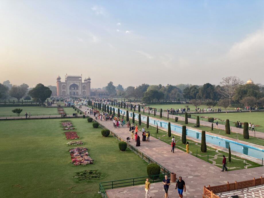 View from the Taj Mahal back to the Main gate, with the gardens and water features between