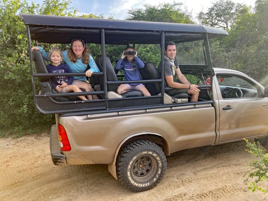 Family of four in a pickup truck on safari in Yala National Park Sri Lanka