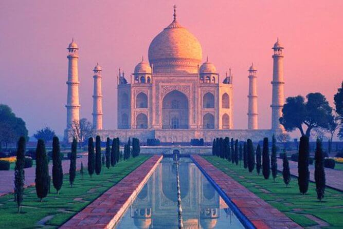 Taj Mahal At Sunrise from the center of the gardens