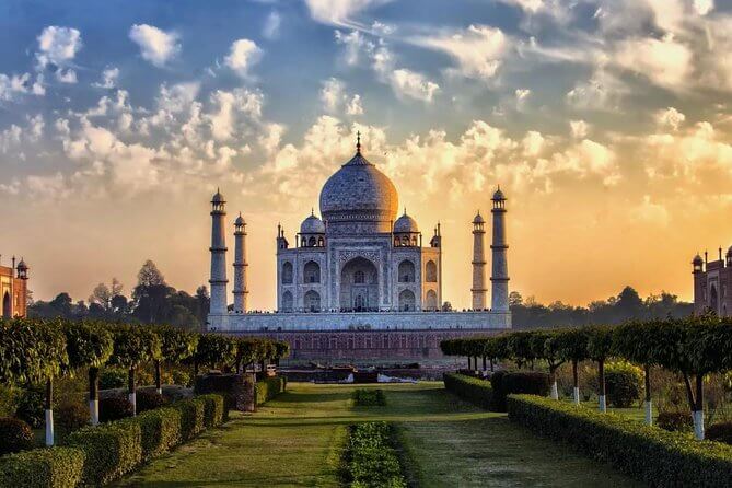 Taj Mahal at Sunset from gardens in Mehtab Bagh