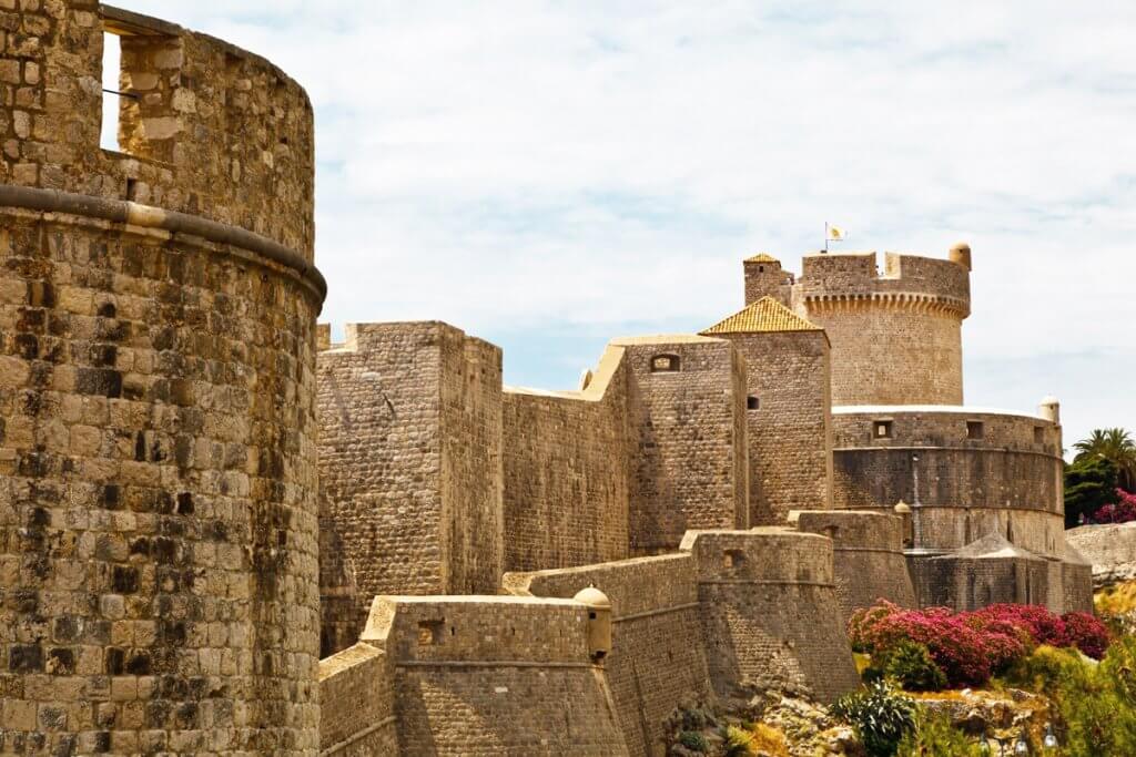 close up view of the walls and fortifications of Dubrovnik city walls on a walking tour of the city walls.