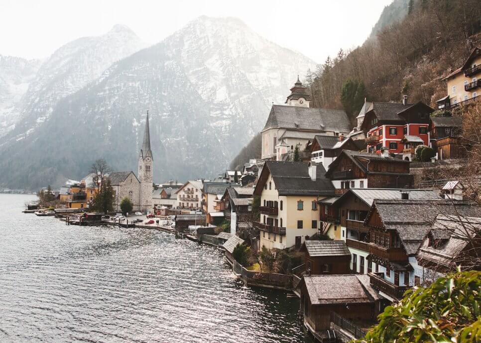 Village of Hallstatt Austria dusted in snow, Christmas tour from Vienna